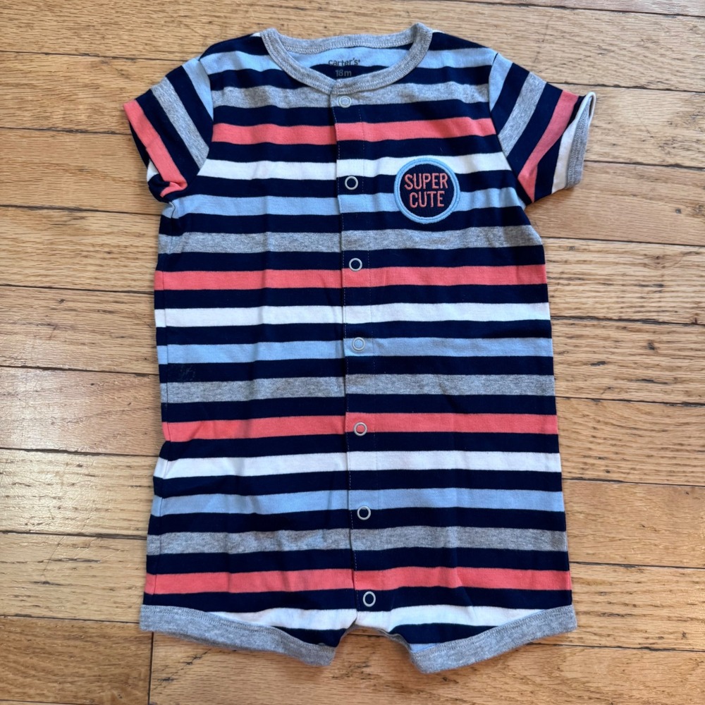 Carters Baby Boy 18M Striped Romper Super Cute Dog Applique Snap Front Cotton
